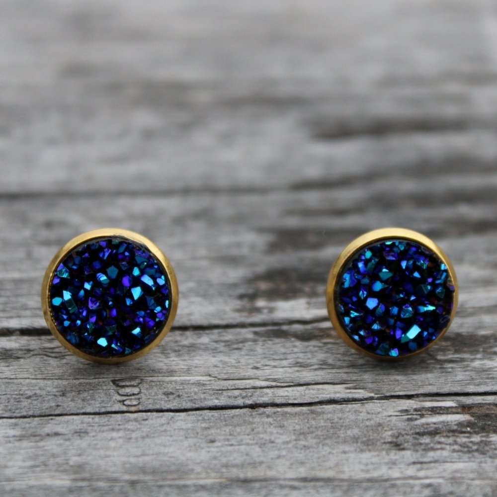 Gold Druzy Geode Midnight Blue stud earrings